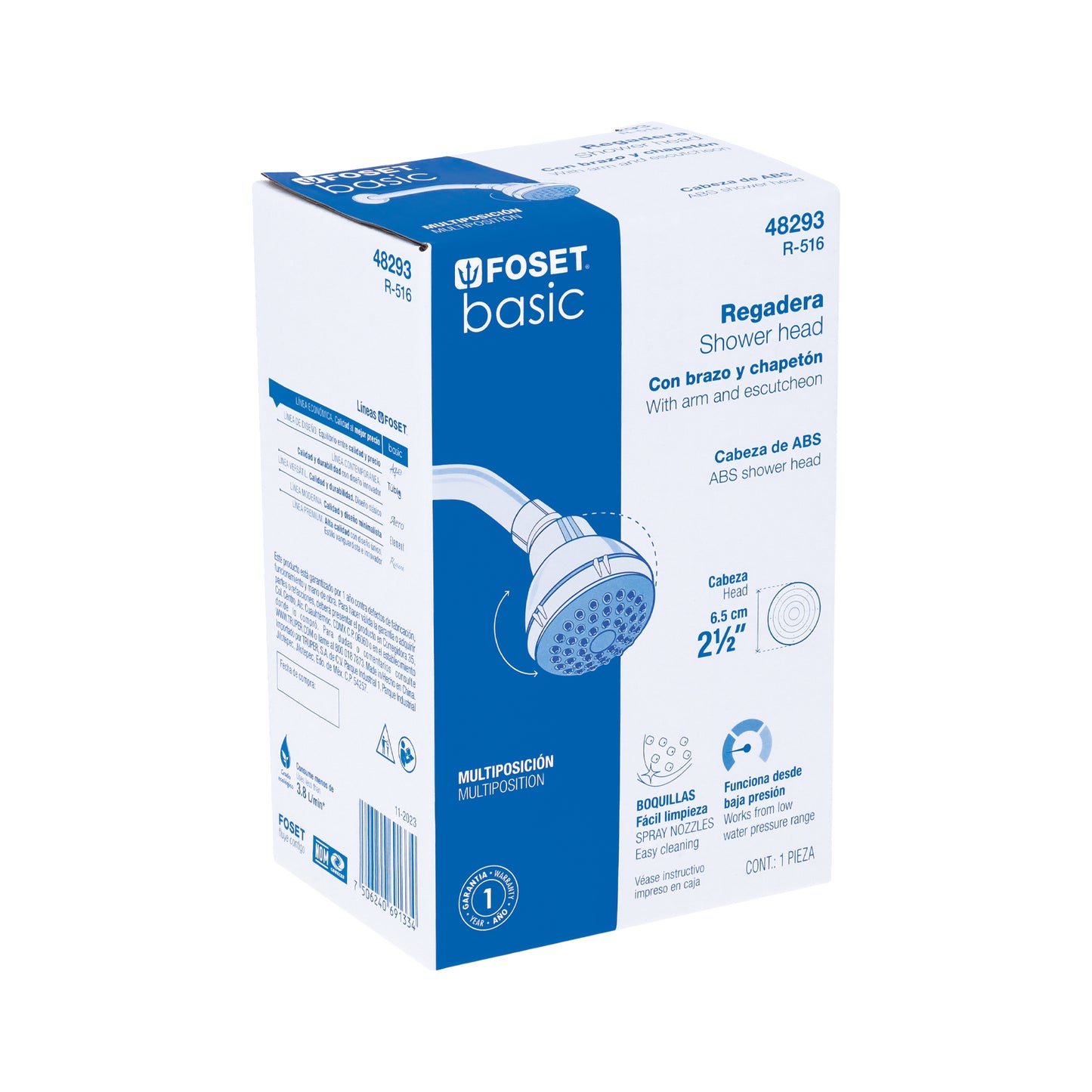 Regadera plástica redonda 2-1/2" gris-blanca, Foset 48293