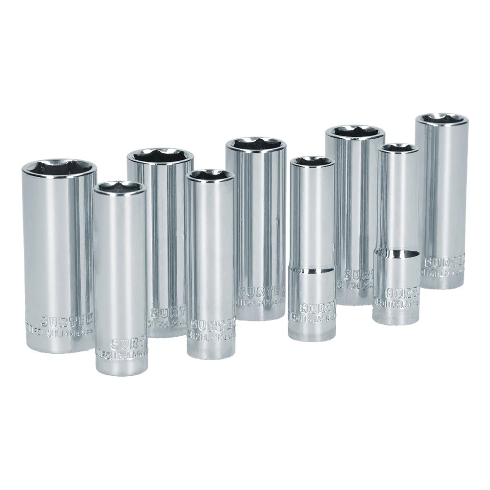 JUEGO DE 9 DADOS LARGOS MÉTRICOS CUADRO DE 3/8", 6 PUNTAS, EN RIEL SURTEK