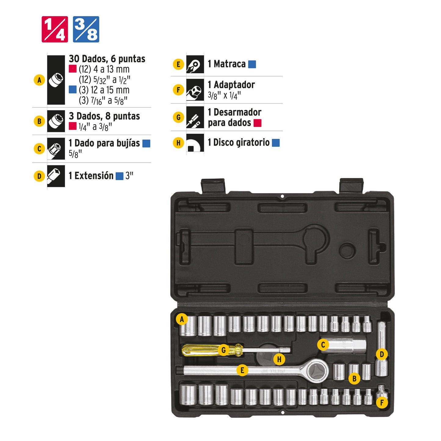 Juego de 39 herramientas 1/4" y 3/8" para mecánico, Pretul 24220