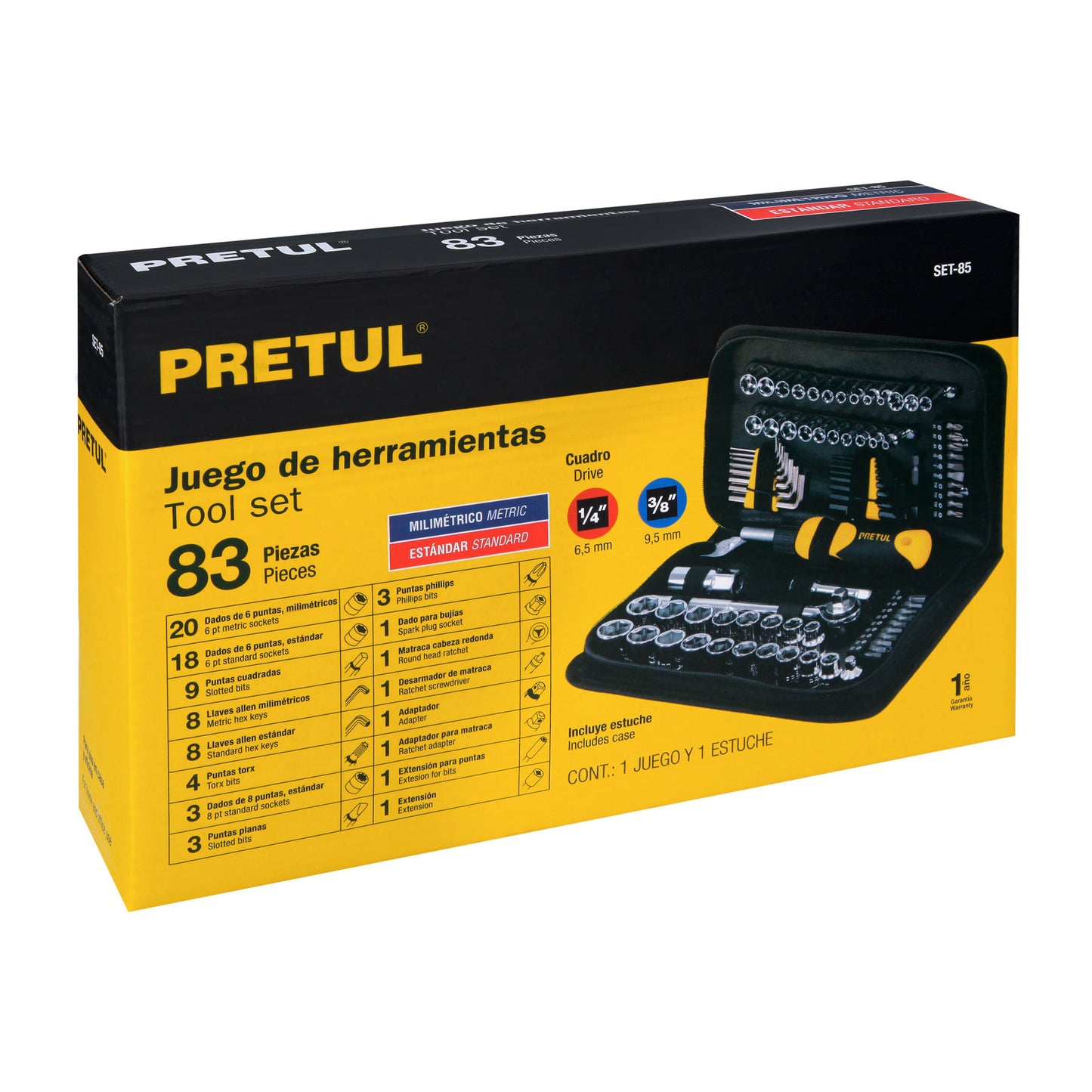 Juego de 83 herramientas 1/4" y 3/8" para mecánico, Pretul 22984