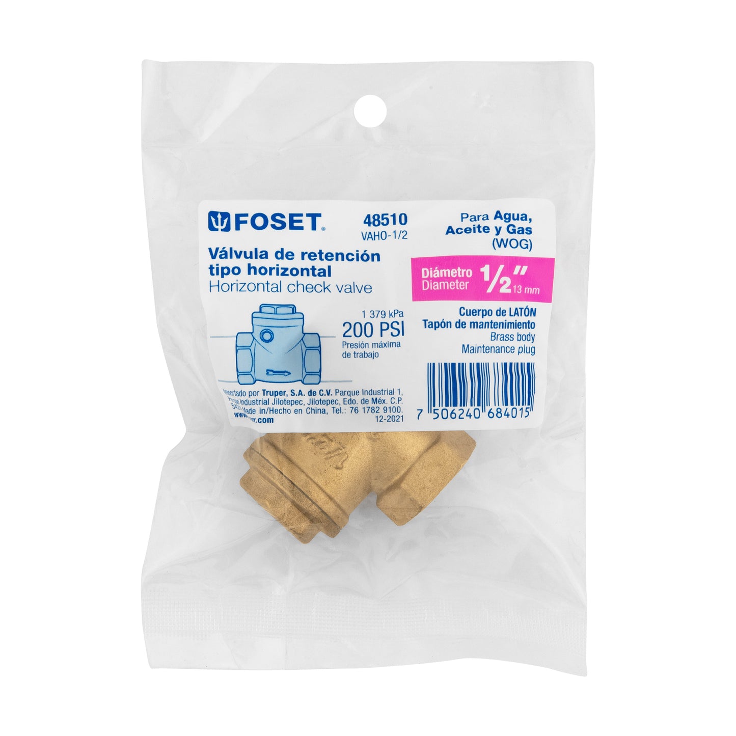 Válvula check horizontal de latón, 1/2", FOSET 48510