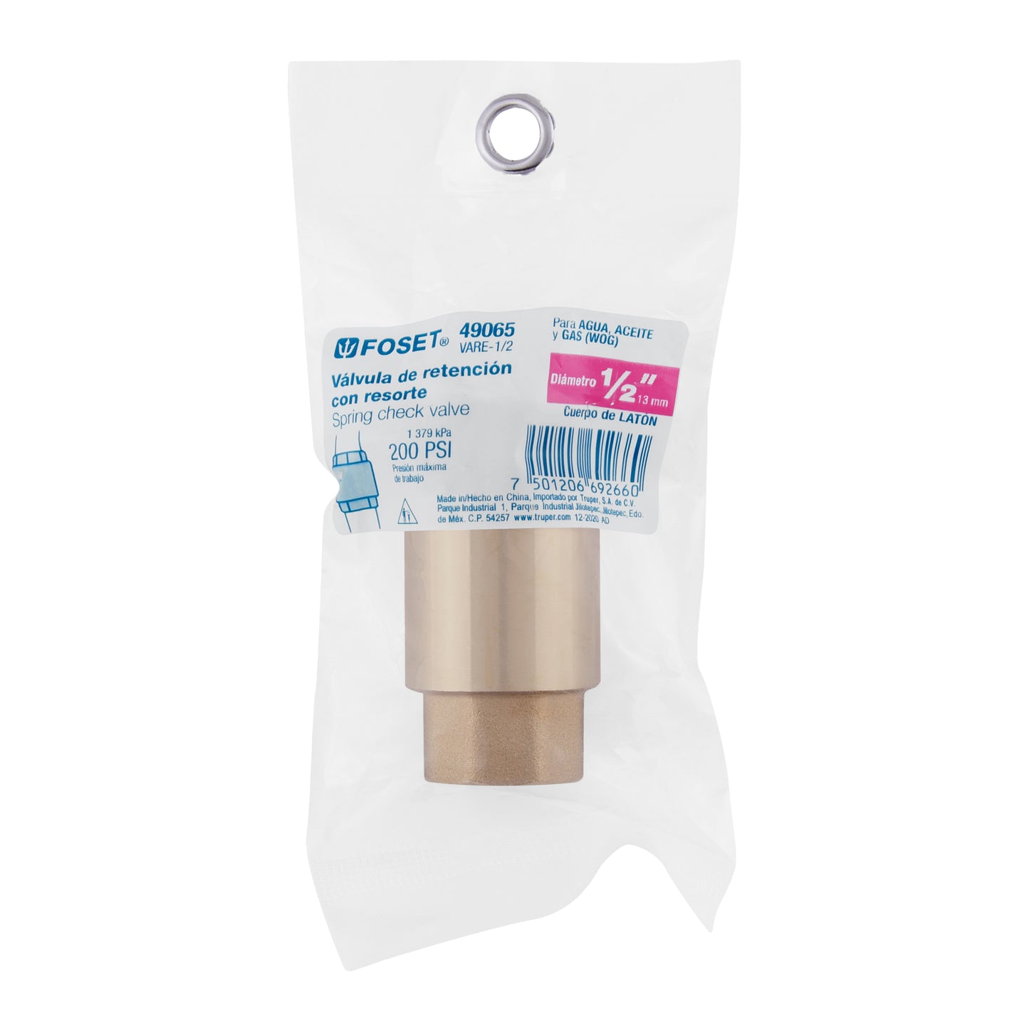 Válvula de retención de latón de 1/2", FOSET 49065