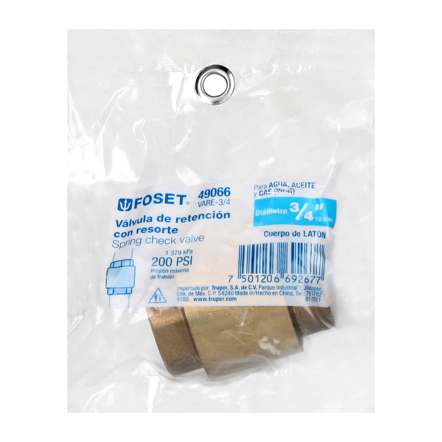 Válvula de retención de latón de 3/4", FOSET 49066