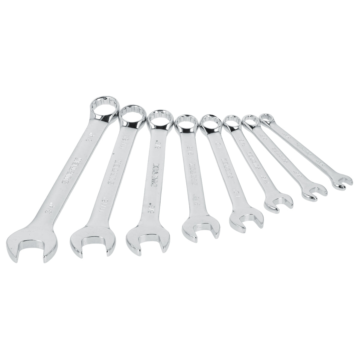 Juego de llaves combinadas pulido espejo en pulgadas, 12 puntas, 8 piezas en rack