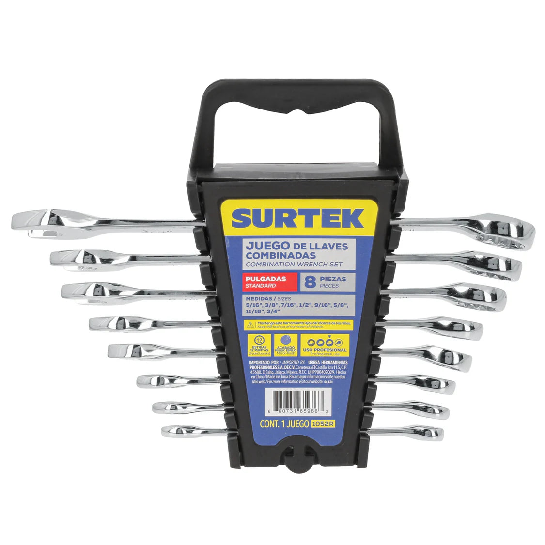 Juego de llaves combinadas pulido espejo en pulgadas, 12 puntas, 8 piezas en rack