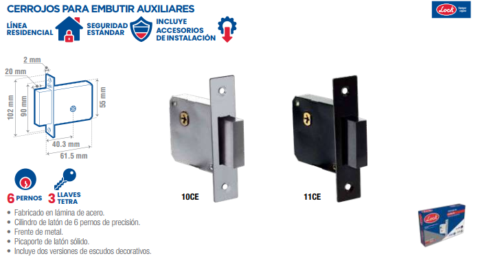 Cerrojo para embutir auxiliar, función doble, níquel satinado, llave tetra, en caja