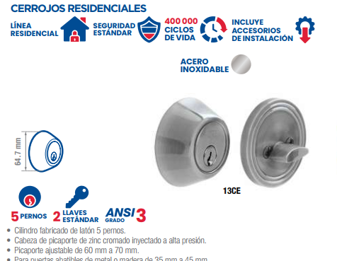 Cerrojo residencial función sencilla, níquel satinado, llave estándar, blíster