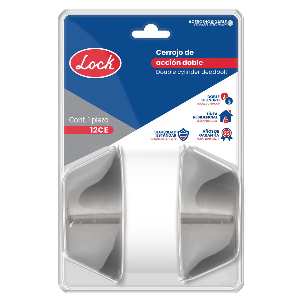 Cerrojo residencial función doble, níquel satinado, llave estándar, blíster