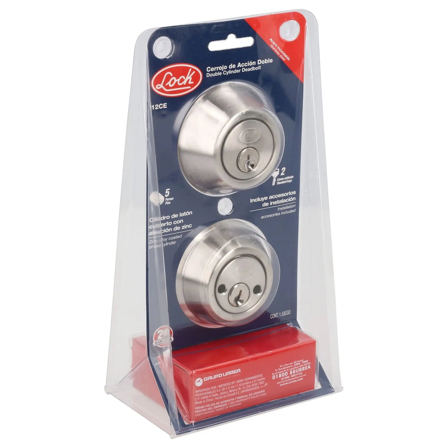 Cerrojo residencial función doble, níquel satinado, llave estándar, blíster