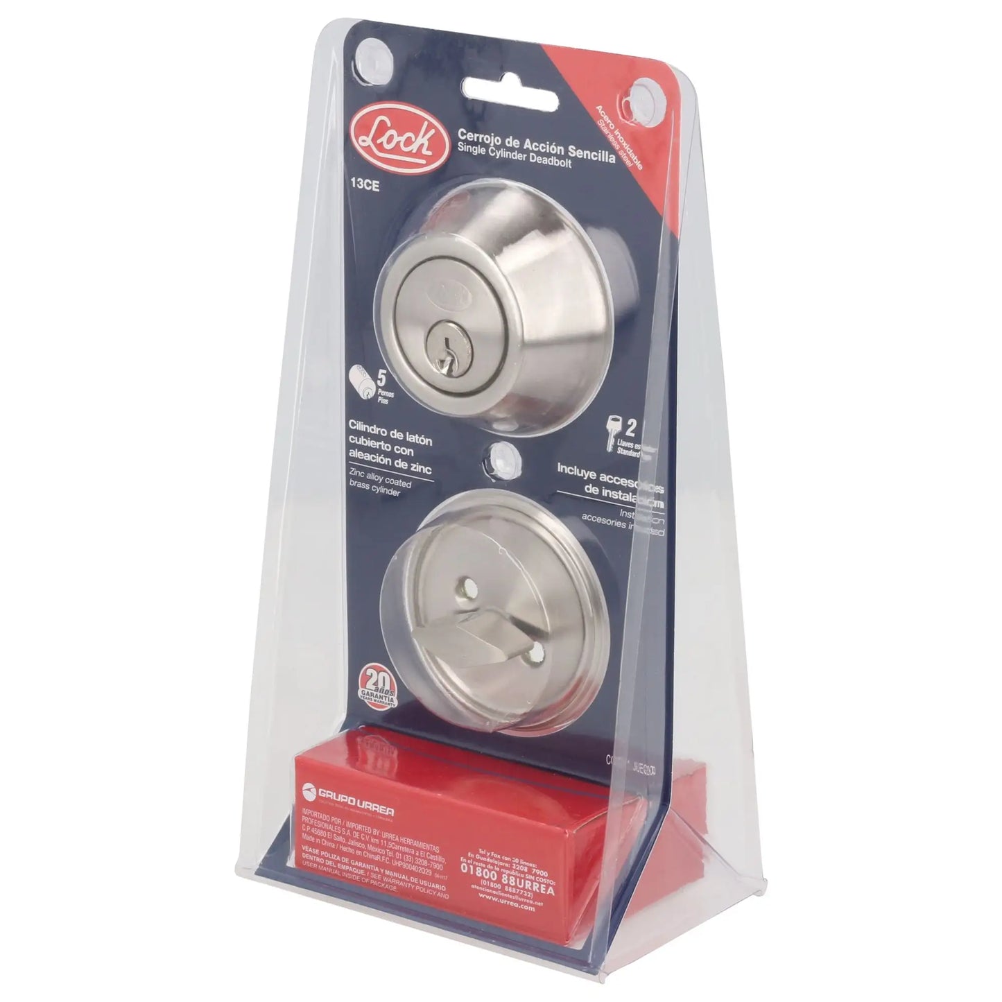 Cerrojo residencial función sencilla, níquel satinado, llave estándar, blíster