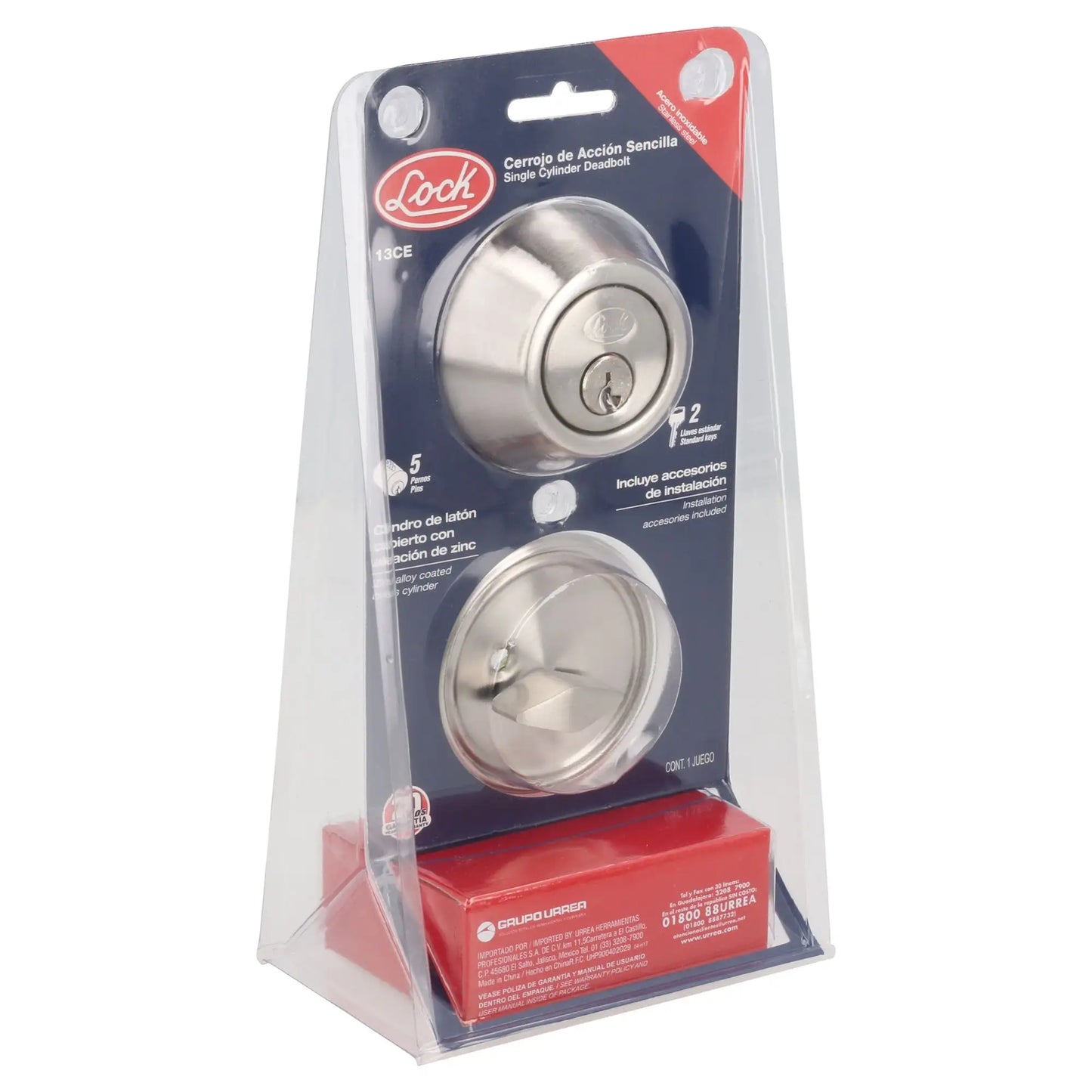 Cerrojo residencial función sencilla, níquel satinado, llave estándar, blíster