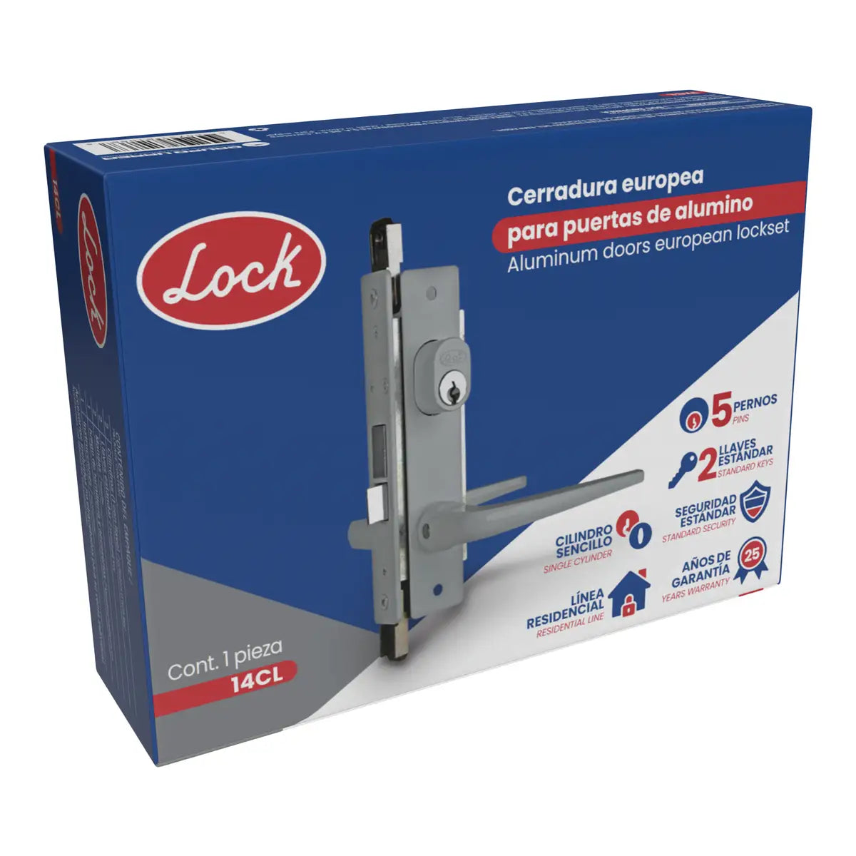 Cerradura clásica para puertade aluminio función doble, gris, llave estándar