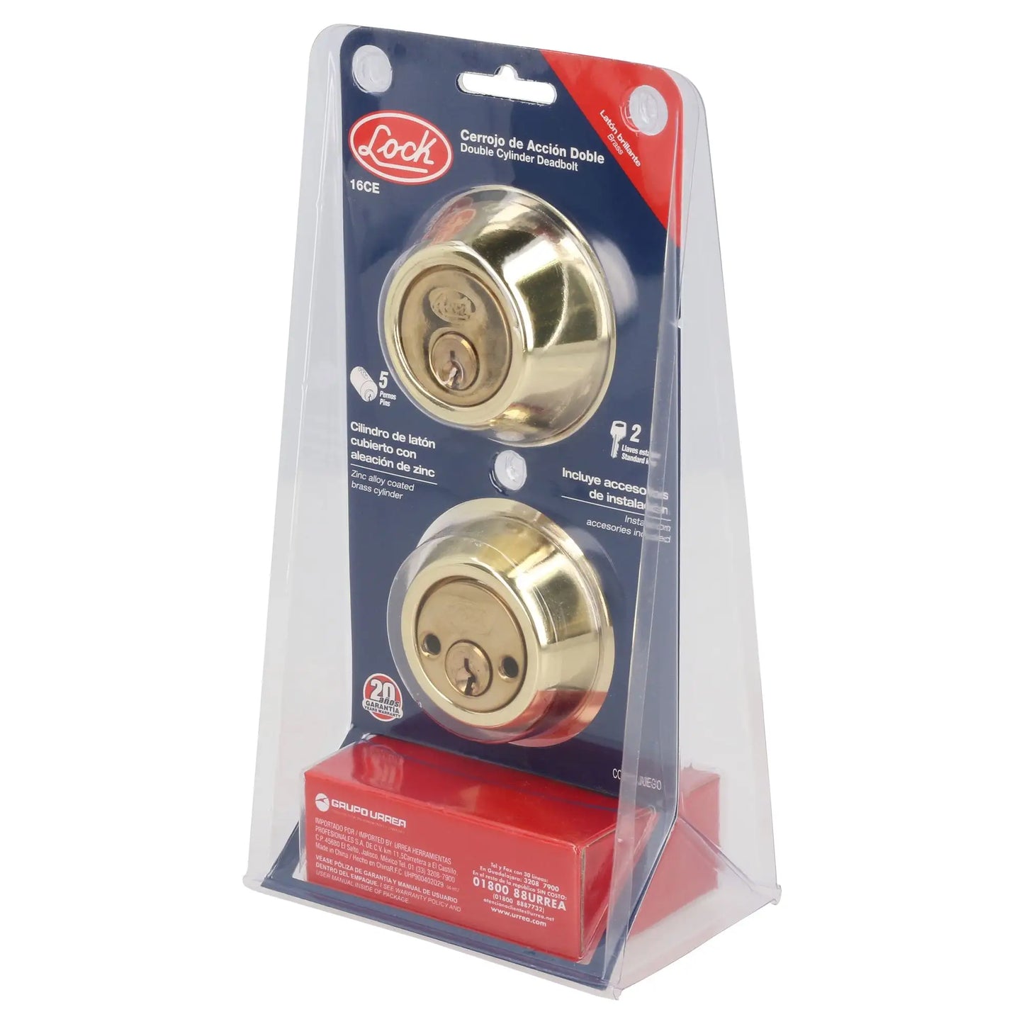 Cerrojo residencial función doble, latón brillante, llave estándar, blíster