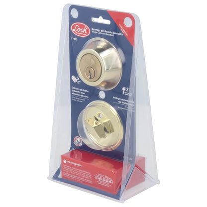 Cerrojo residencial función sencilla, latón brillante, llave estándar, blíster