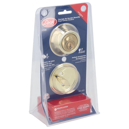 Cerrojo residencial función sencilla, latón brillante, llave estándar, blíster