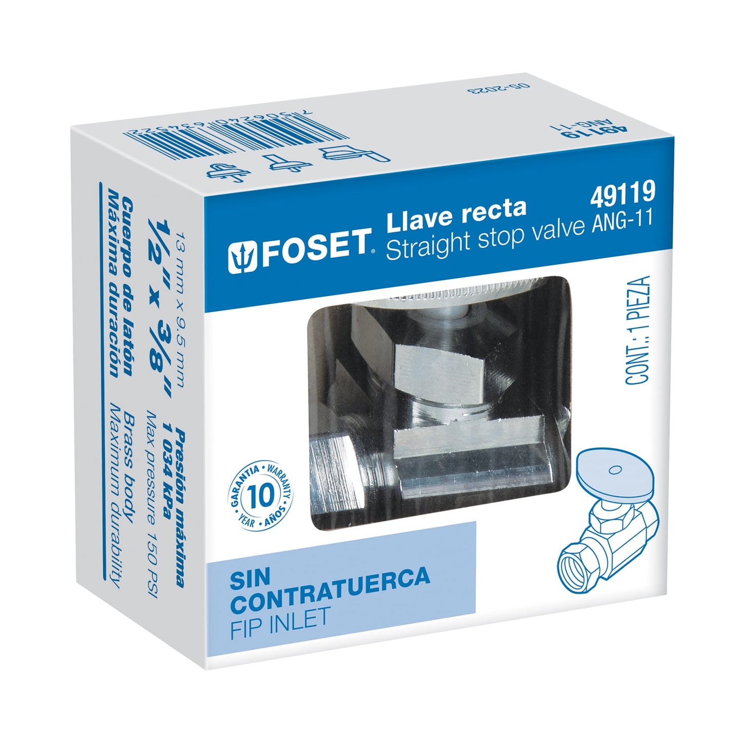 Llave angular de compresión recta 1/2" x 3/8", Foset 49119