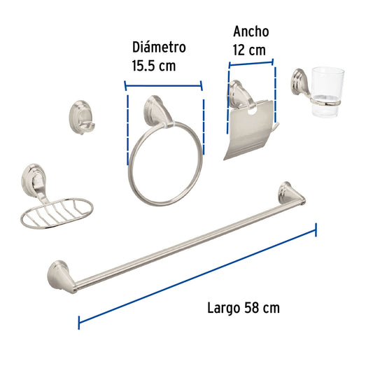 Juego de 6 accesorios p/baño satín chapetón ovalado, Foset 49162