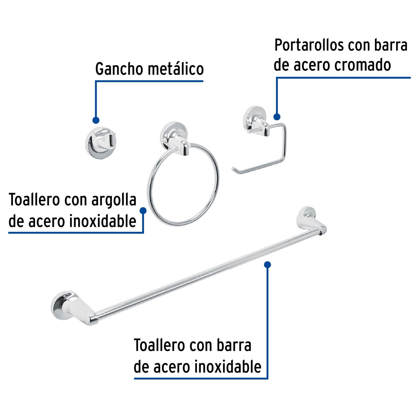 Juego de 4 accesorios para baño metálicos, Foset 49164