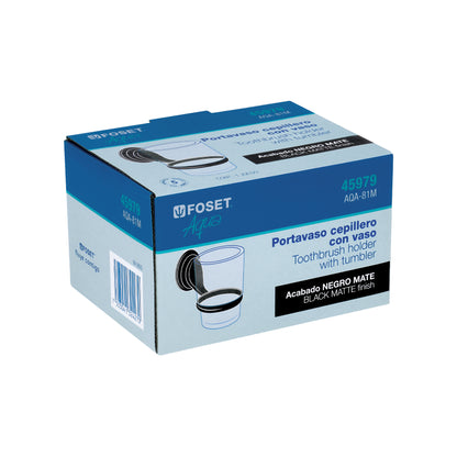 Portavaso cepillero negro con vaso de vidrio, Foset Aqua 45979
