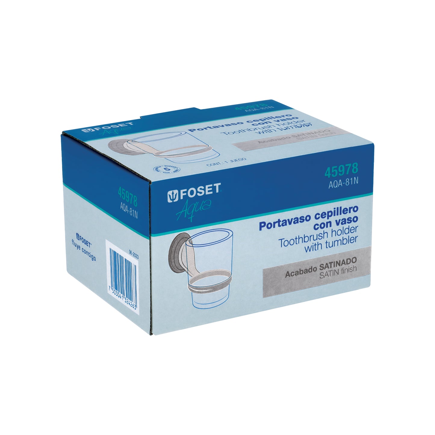 Portavaso cepillero satín con vaso de vidrio, Foset Aqua 45978