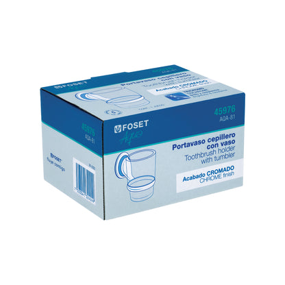 Portavaso cepillero cromo con vaso de vidrio, Foset Aqua 45976
