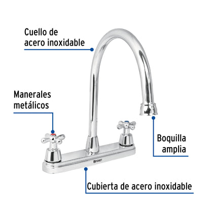 Mezcladora fregadero 8" cromo, cuello largo, cruceta, AQUA 49686