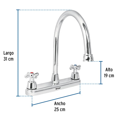Mezcladora fregadero 8" cromo, cuello largo, cruceta, AQUA 49686
