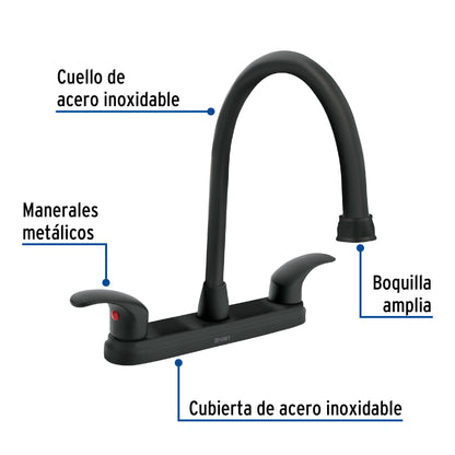 Mezcladora fregadero 8" negro, cuello largo, palanca, AQUA 45625