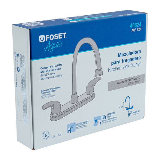 Mezcladora fregadero 8" satín, cuello largo, palanca, AQUA 45624