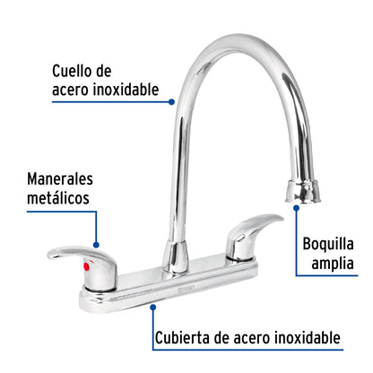 Mezcladora fregadero 8" cromo, cuello largo, palanca, AQUA 49687