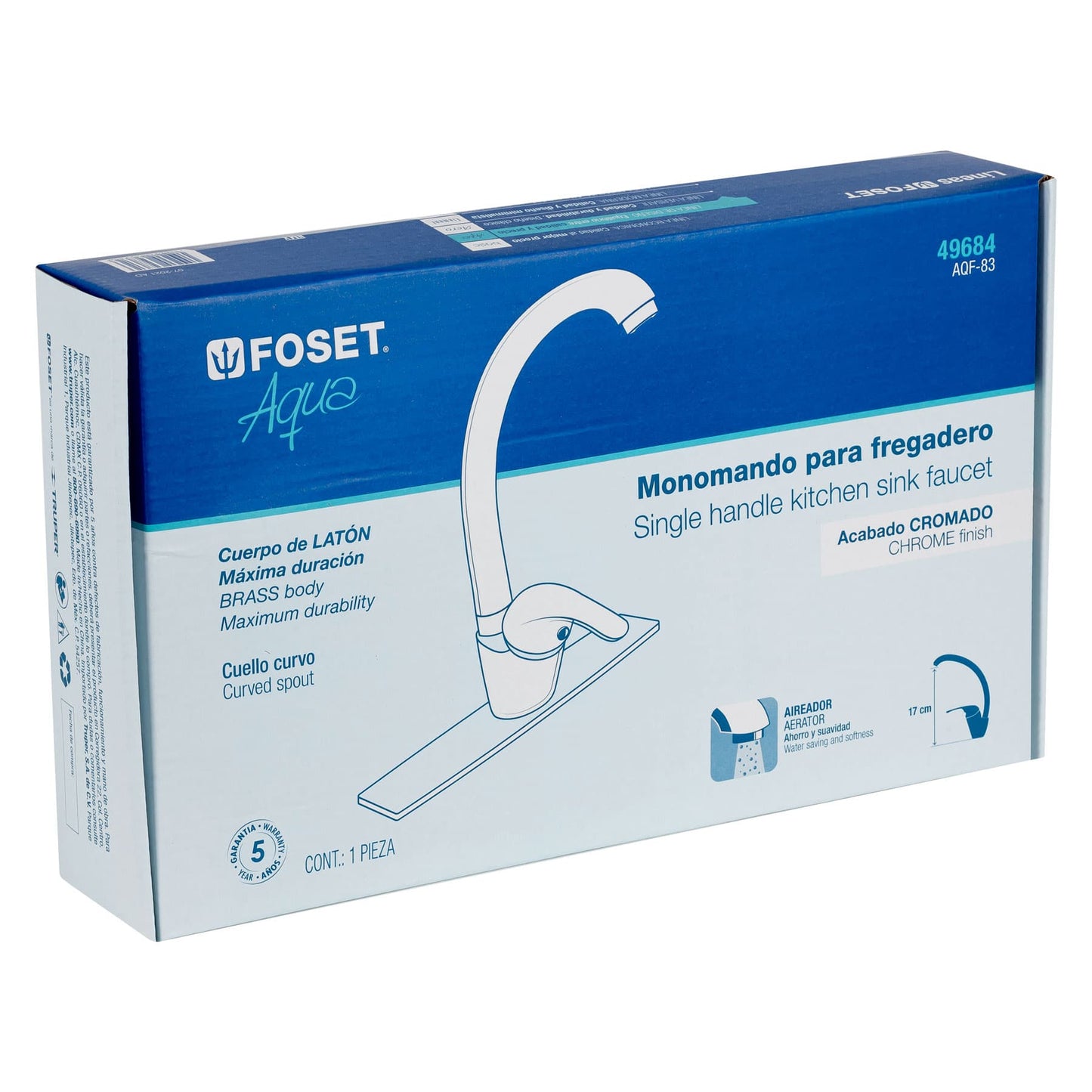 Monomando fregadero cromo, cuello curvo, AQUA 49684