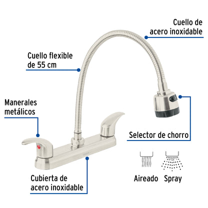 Mezcladora 8" p/fregadero, flexible, palanca, satín, Aqua 47916