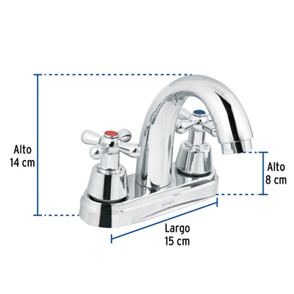 Mezcladora lavabo 4" cromo, nariz curva, cruceta, AQUA 49692