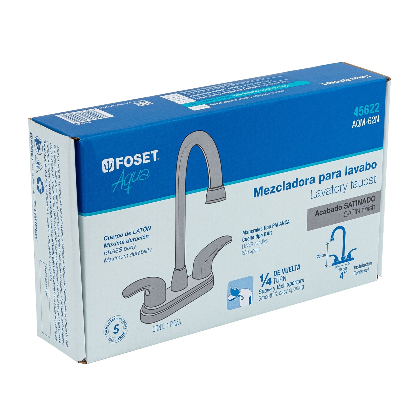 Mezcladora lavabo 4" satín, tipo bar, palanca, AQUA 45622
