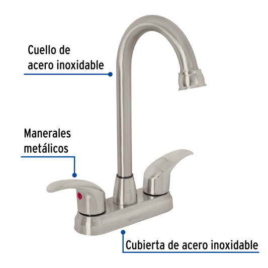 Mezcladora lavabo 4" satín, tipo bar, palanca, AQUA 45622