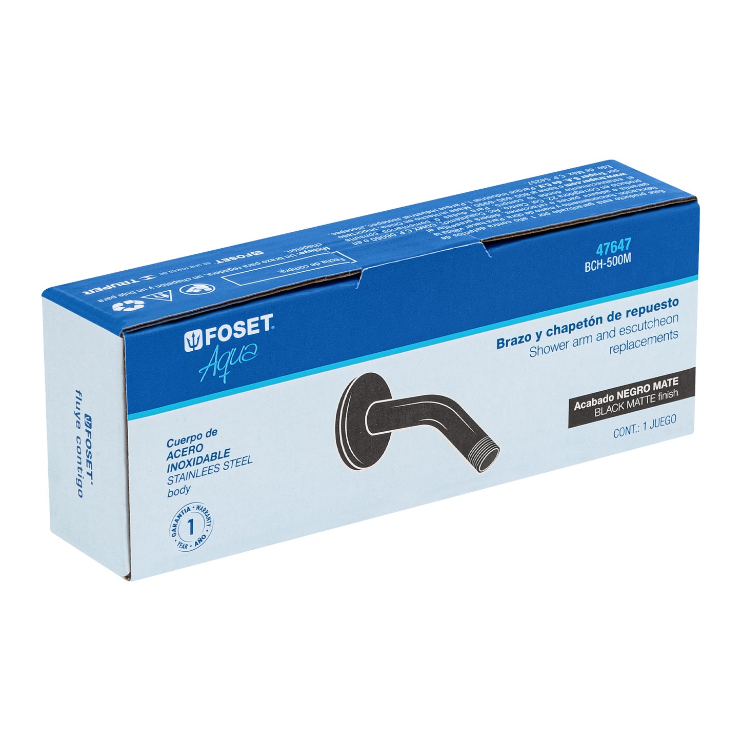 Brazo corto con chapetón para regadera, negro mate, Foset 47647