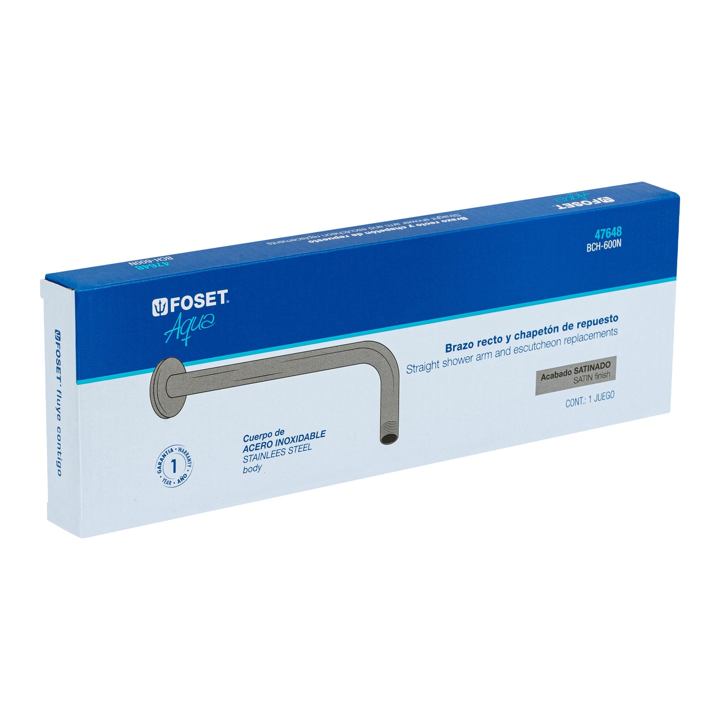 Brazo recto con chapetón para regadera, 30 cm, satín, Foset 47648