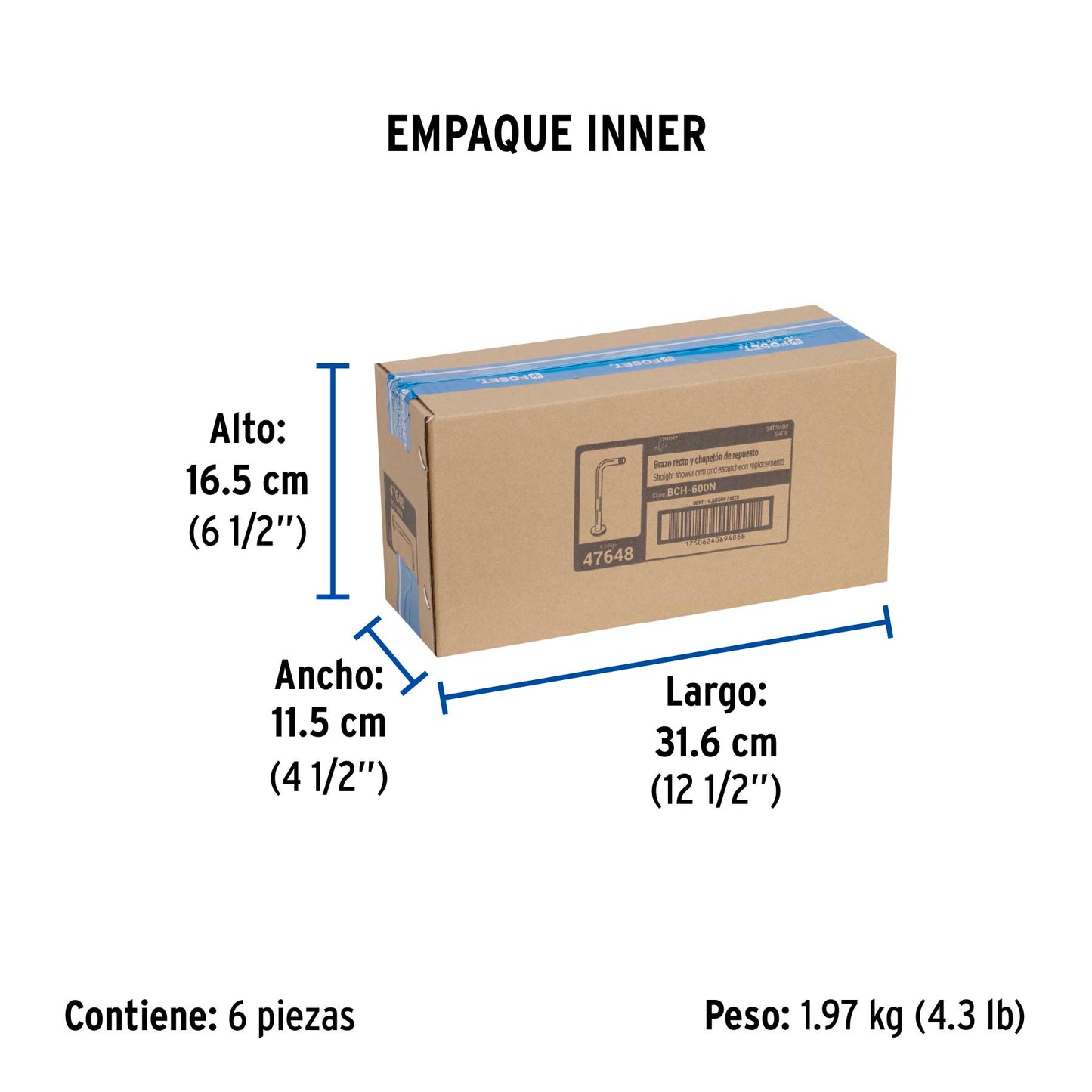 Brazo recto con chapetón para regadera, 30 cm, satín, Foset 47648