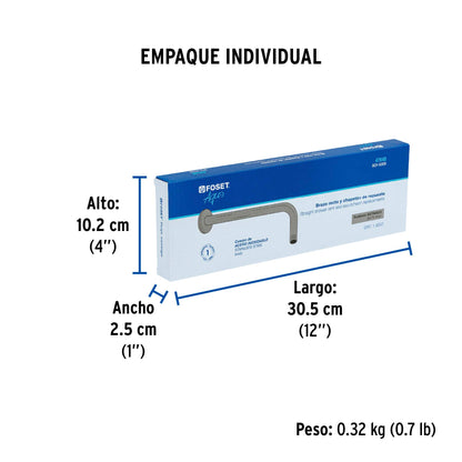 Brazo recto con chapetón para regadera, 30 cm, satín, Foset 47648