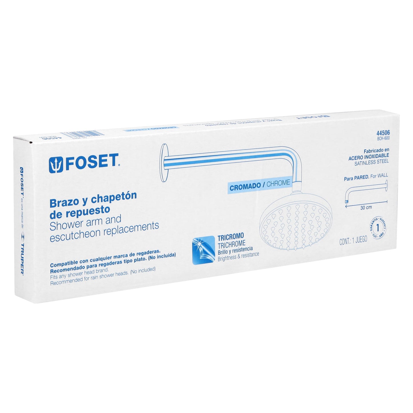 Brazo recto con chapetón para regadera, 30 cm, cromo, Foset 44506