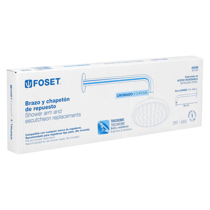 Brazo recto con chapetón para regadera, 30 cm, cromo, Foset 44506