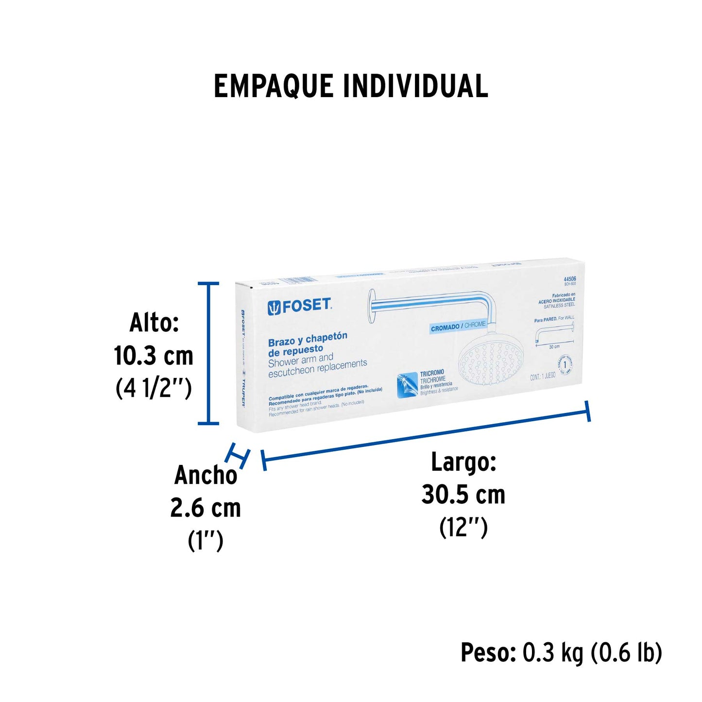 Brazo recto con chapetón para regadera, 30 cm, cromo, Foset 44506