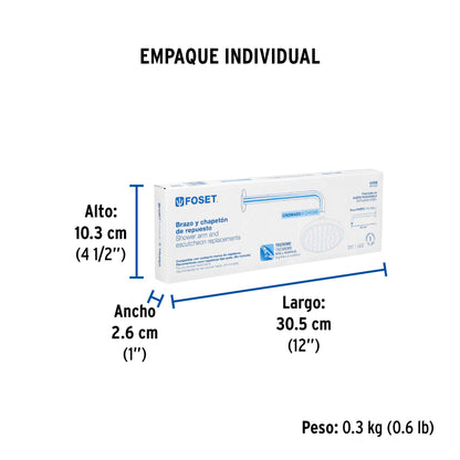 Brazo recto con chapetón para regadera, 30 cm, cromo, Foset 44506