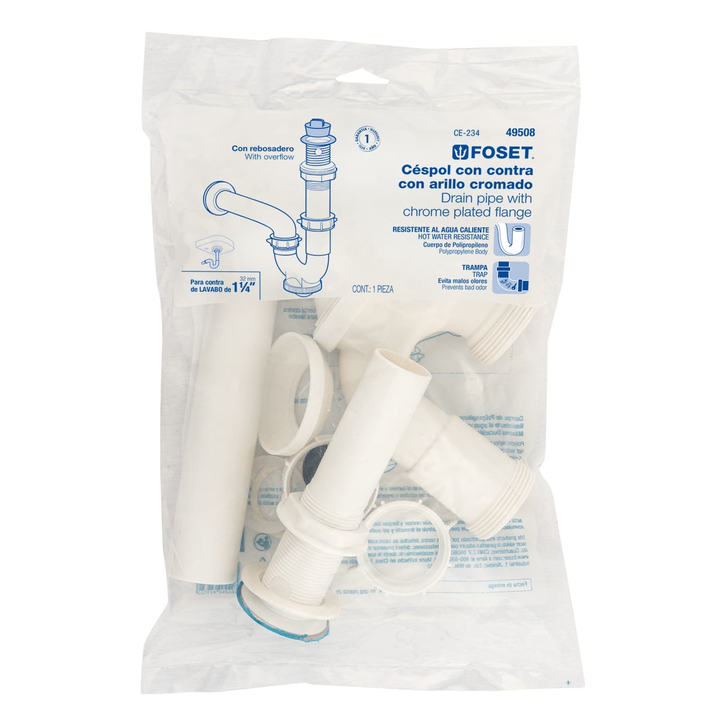 Céspol rígido 1-1/4", con contra, polipropileno, para lavabo 49508