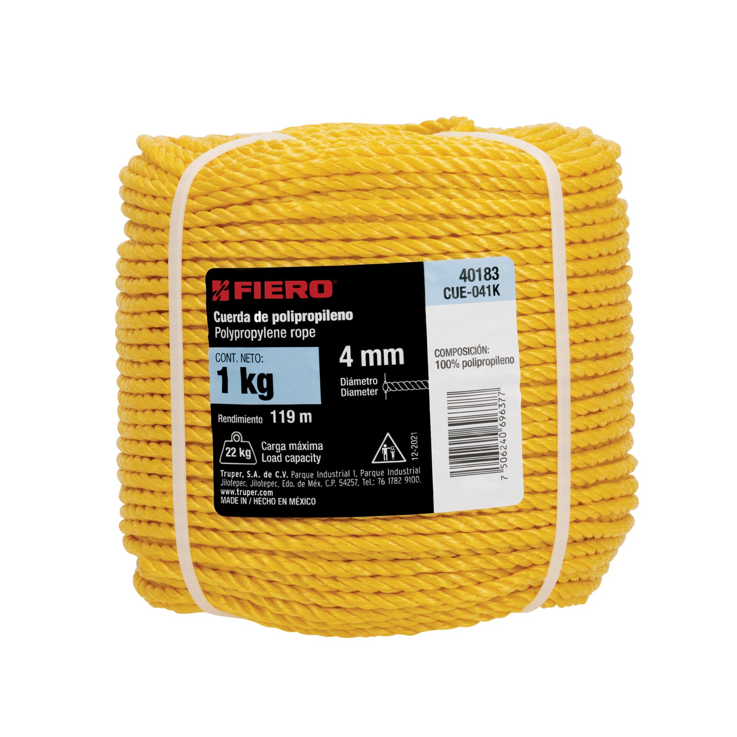 Kilo de cuerda amarilla de polipropileno 4 mm, rollo 1kg