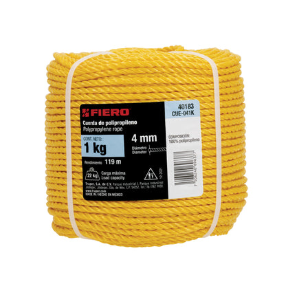Kilo de cuerda amarilla de polipropileno 4 mm, rollo 1kg