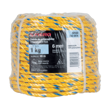 Kilo de cuerda amarilla de polipropileno 6 mm, rollo 1kg
