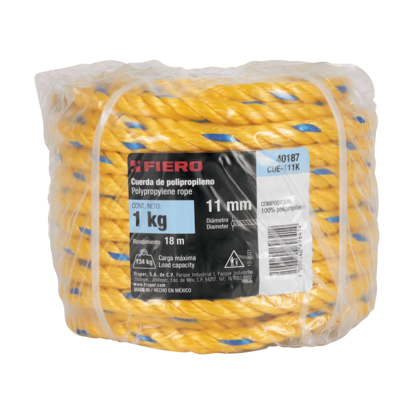 Kilo de cuerda amarilla de polipropileno 11 mm, rollo 1kg