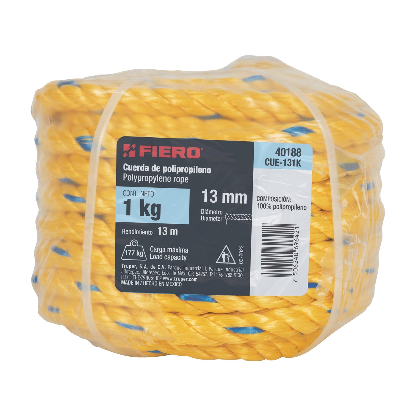 Kilo de cuerda amarilla de polipropileno 13 mm, rollo 1kg  Ir a página del catálogo