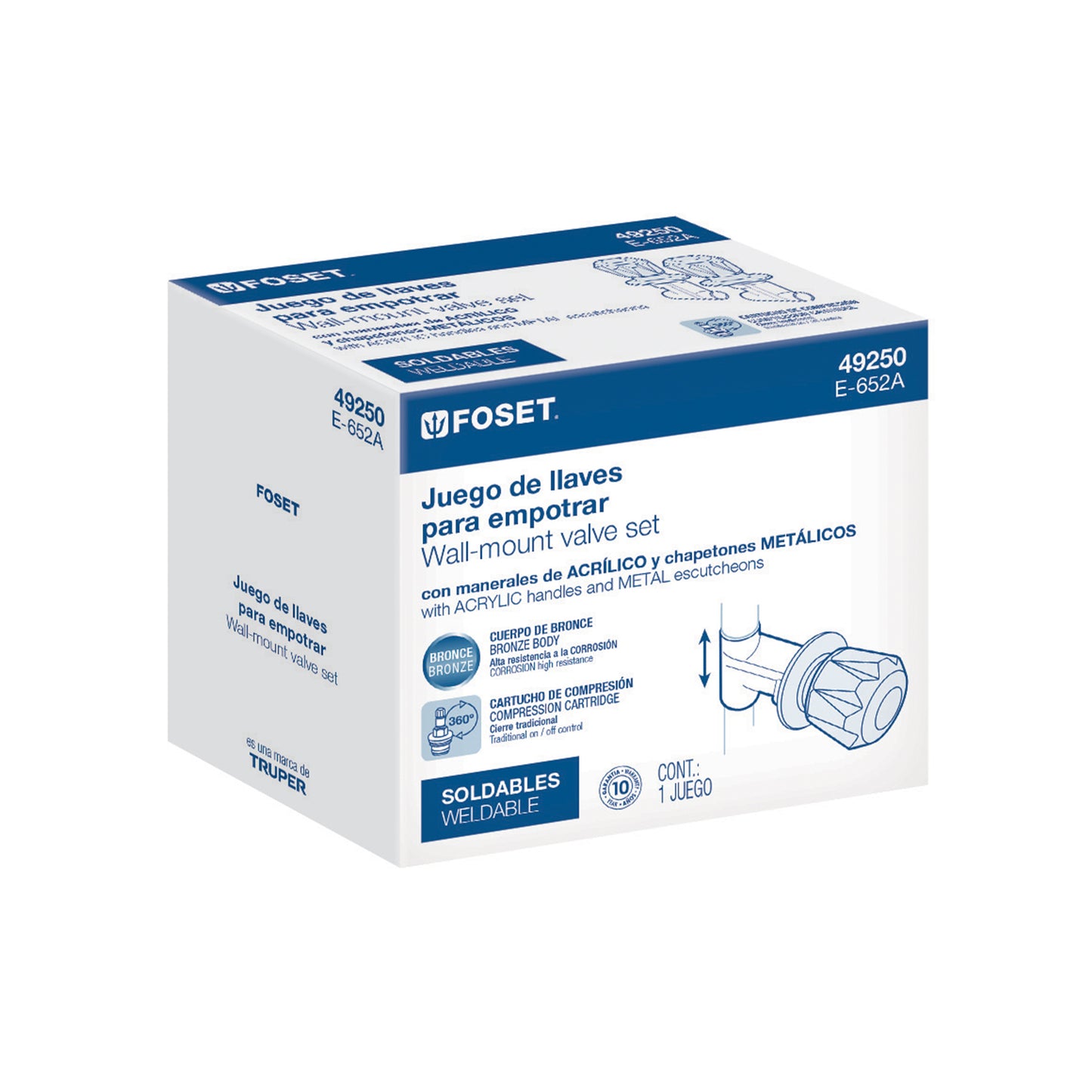 Juego llaves empotrar soldables, maneral acrílico, Foset 49250